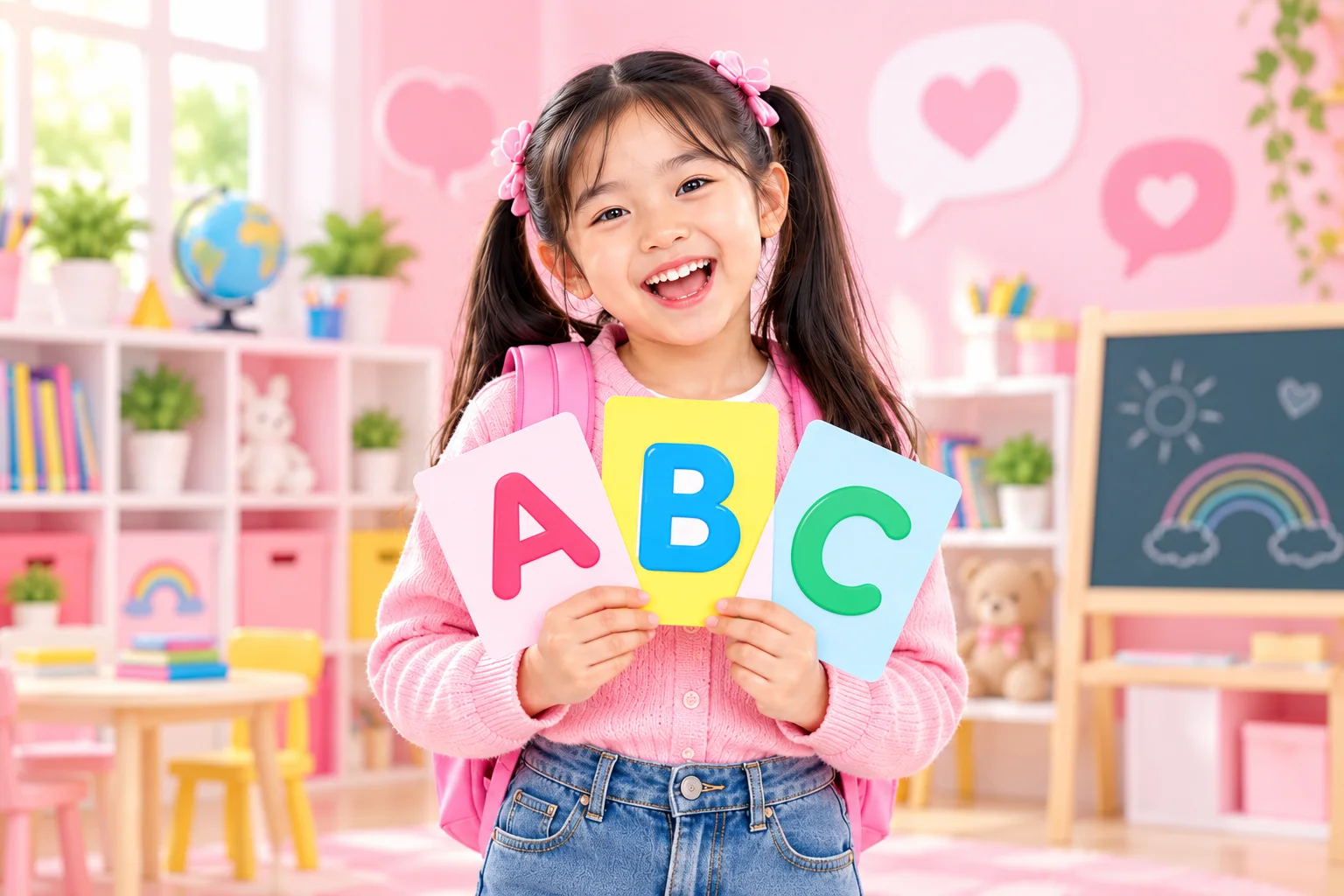 นักเรียนเรียนภาษาอังกฤษด้วยบัตรคำ ABC